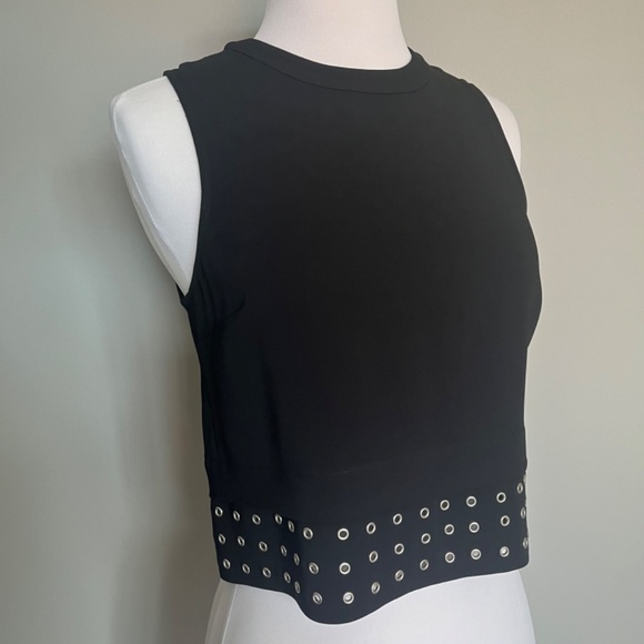 A.L.C. Black Crepe Henson Eyelets Sleeveless Cocktail Studded Crop Top Blouse 2 - Picture 7 of 13